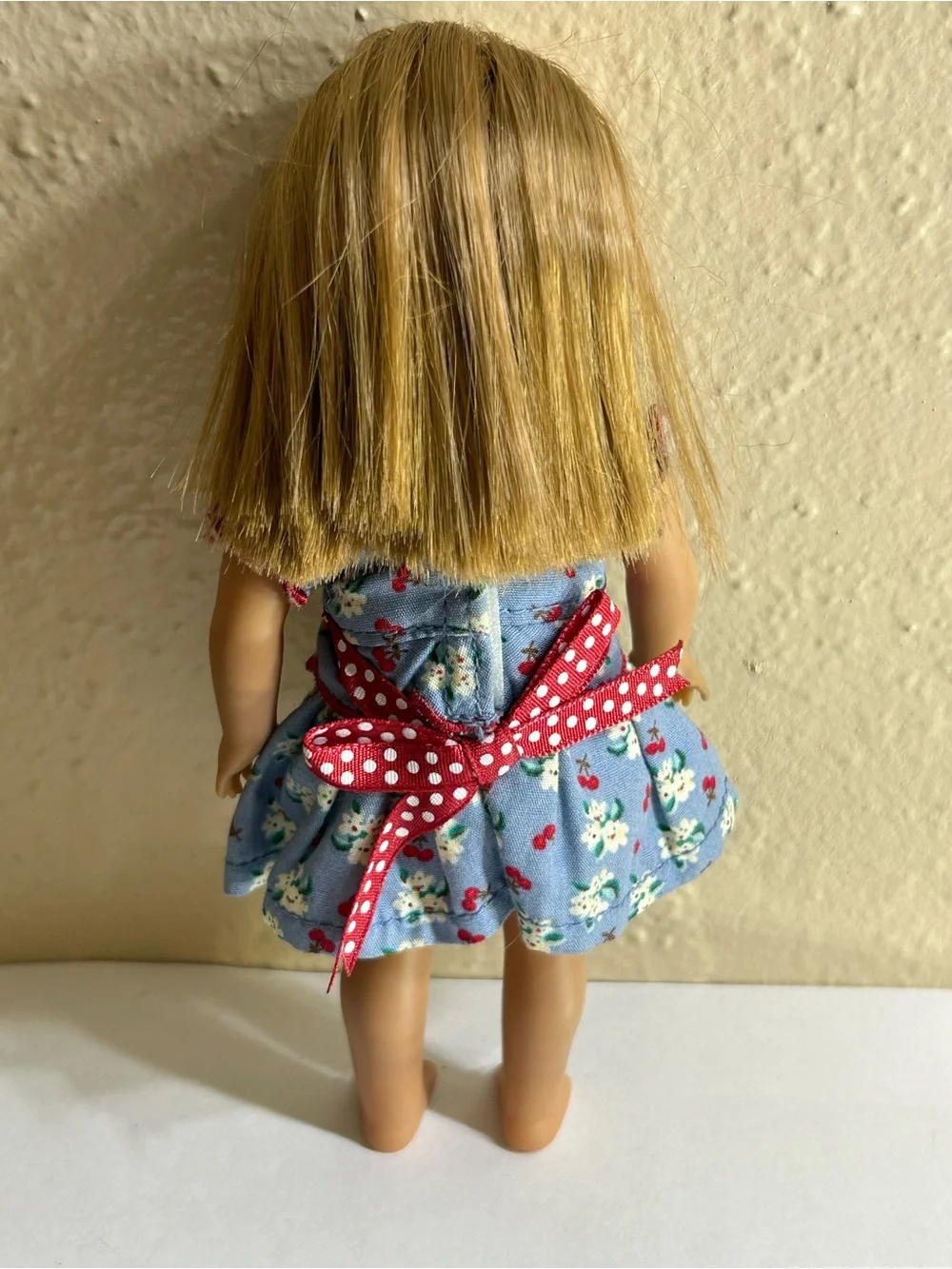 American Girl Doll Retired Blue Floral Dress Doll with Red Accents